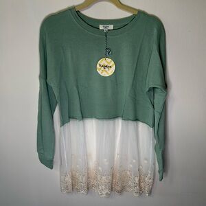 Hayden Los Angeles Mixed Media Cotton/Lace Sage Green Cream Tunic NWT